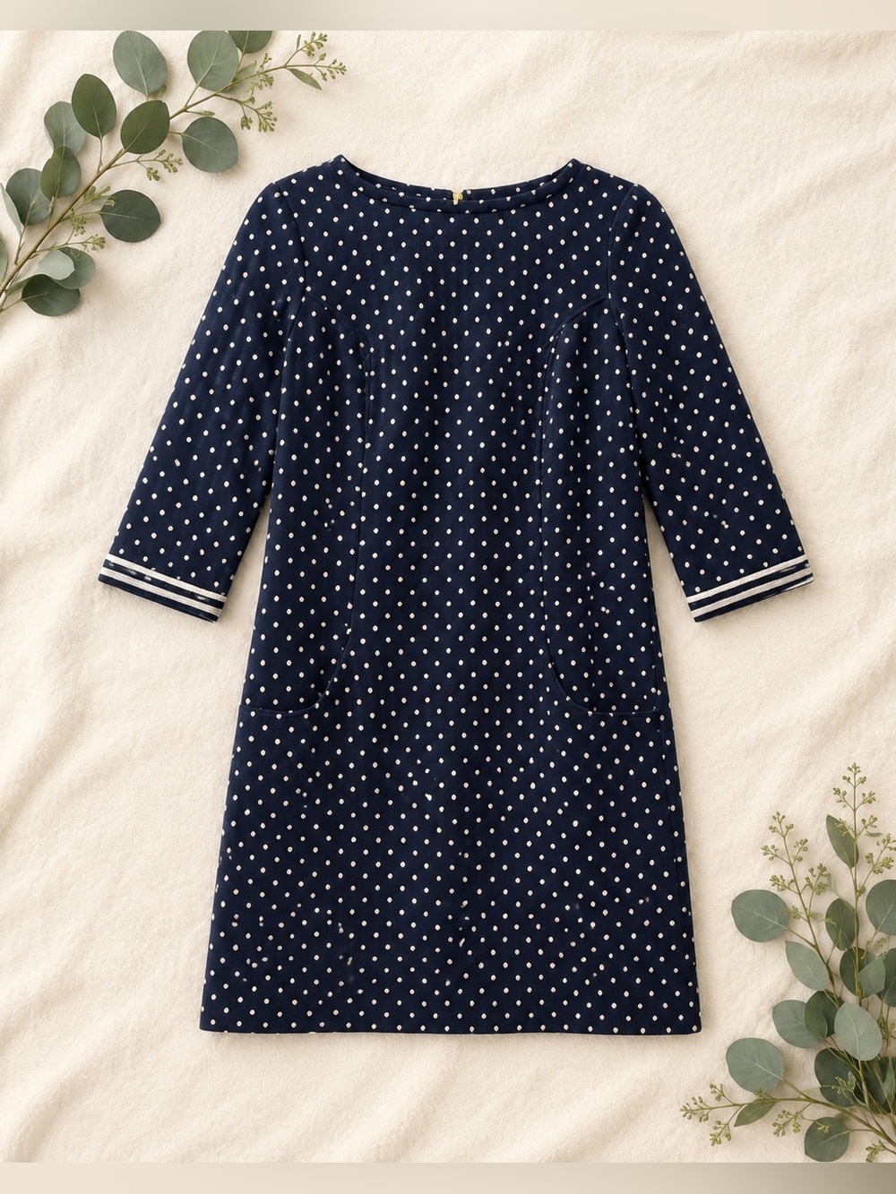 Boden Quilted Polka Dot Dress Navy White Pockets Preppy Chic